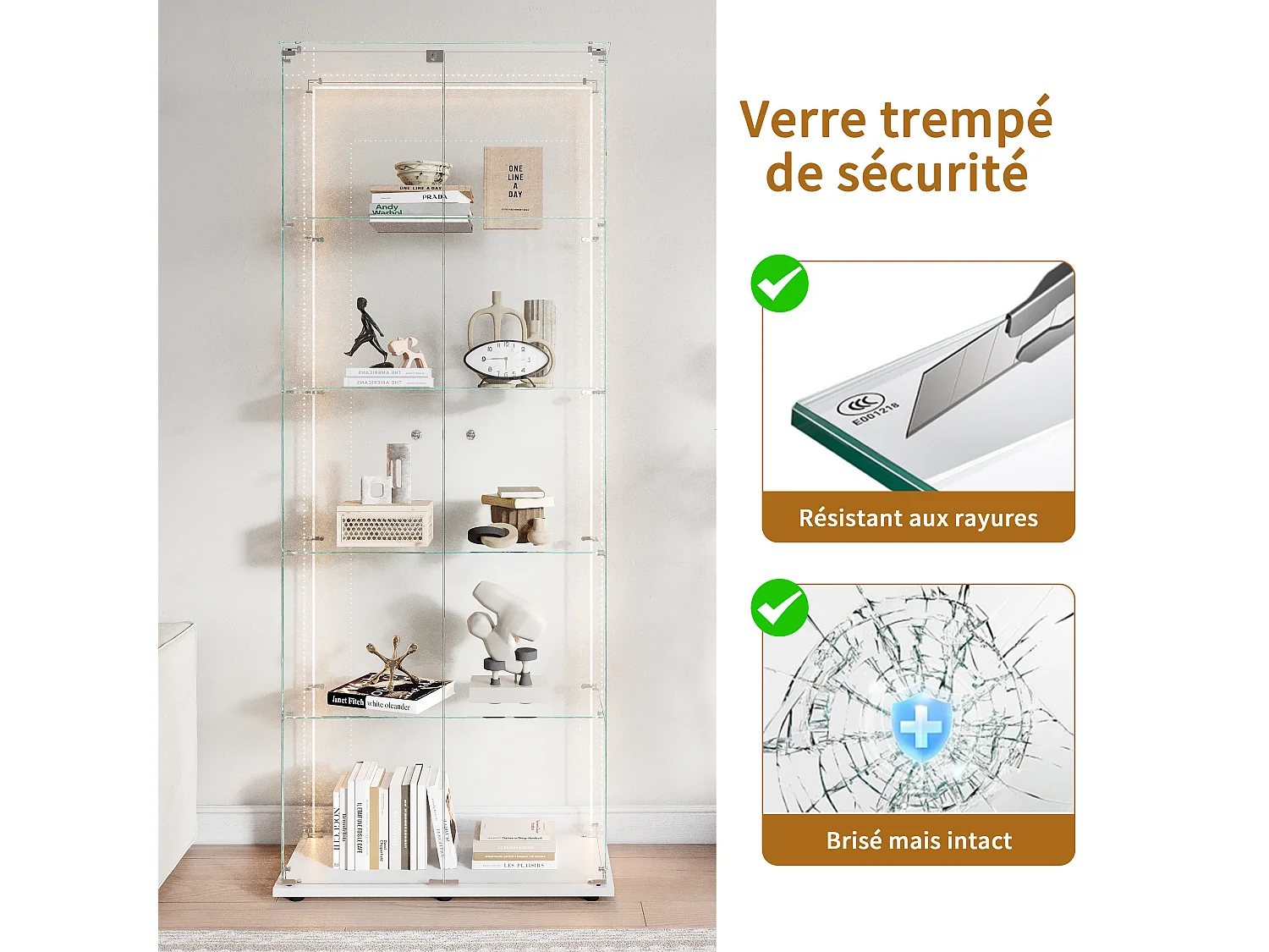 5-stöckige Glasvitrine mit individuell anpassbarer LED-Beleuchtung – Weißer Sockel