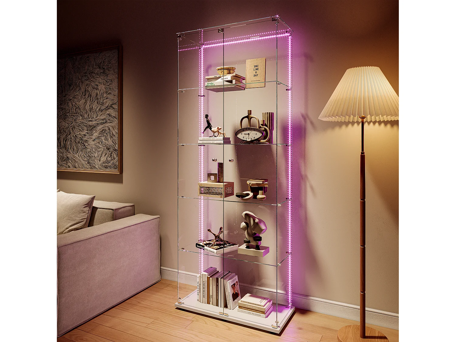Vitrina de cristal de 5 estantes con iluminación LED personalizable – Base blanca