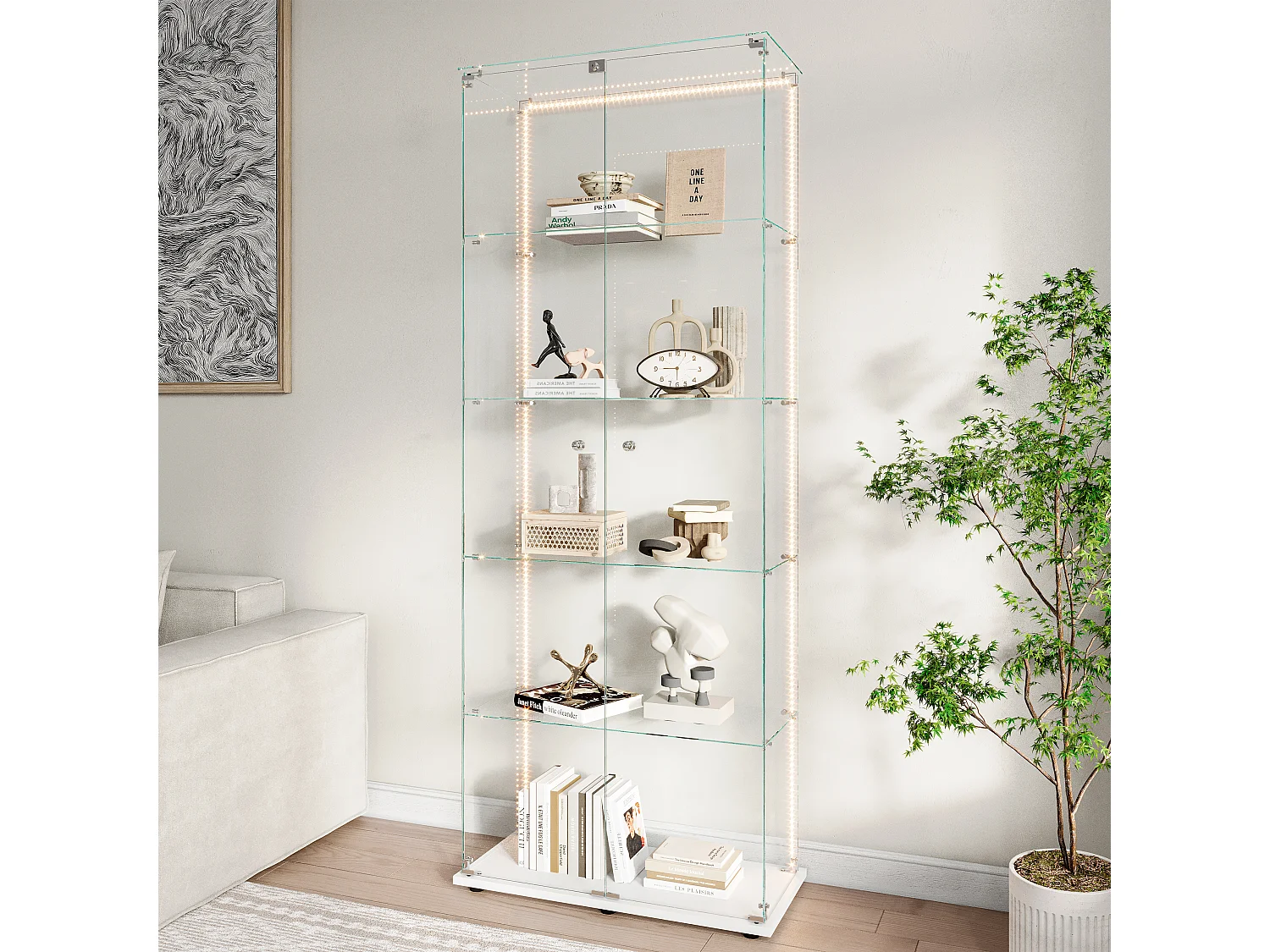Vitrina de cristal de 5 estantes con iluminación LED personalizable – Base blanca