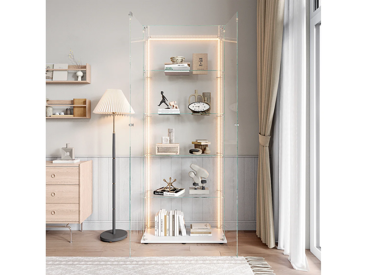 Vitrina de cristal de 5 estantes con iluminación LED personalizable – Base blanca