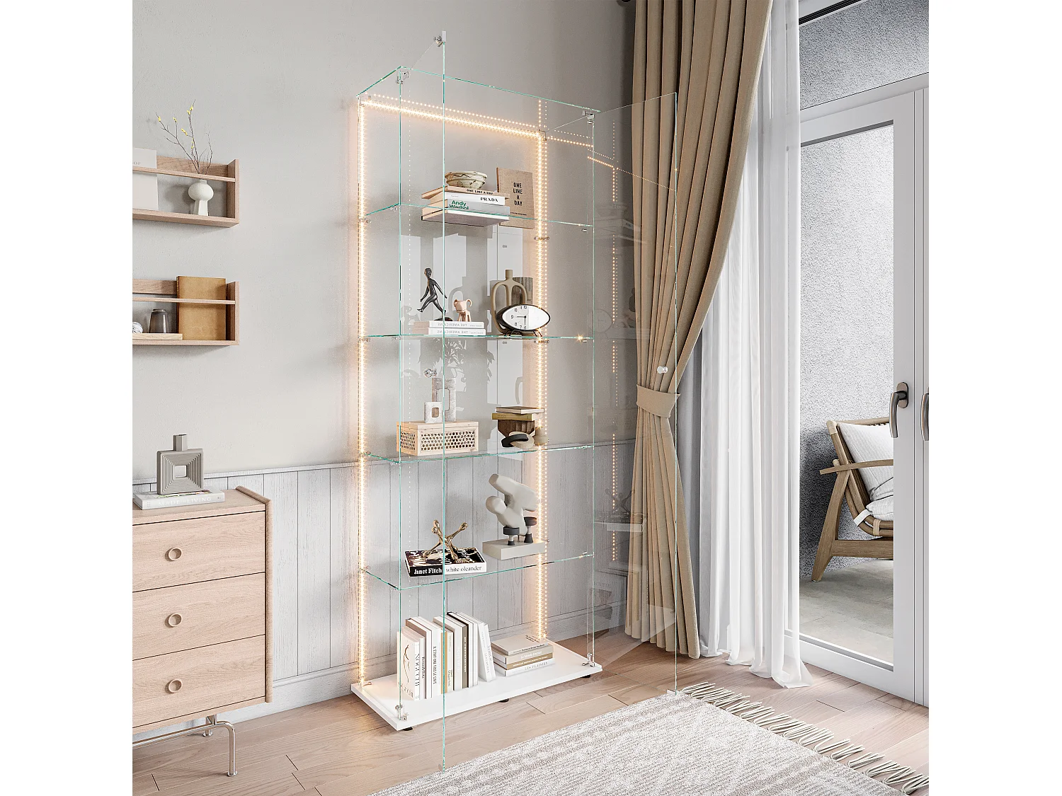 Vitrina de cristal de 5 estantes con iluminación LED personalizable – Base blanca