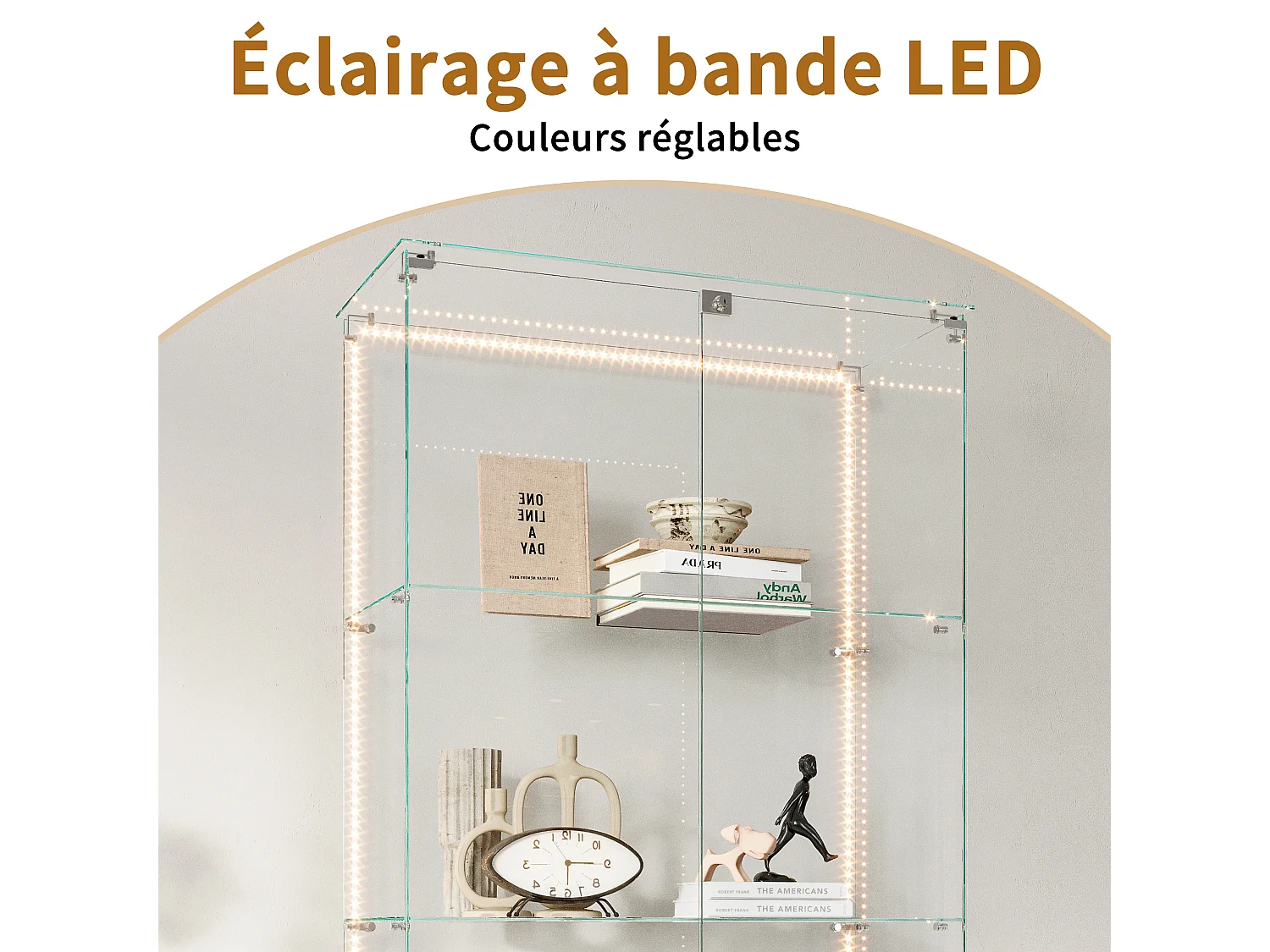 Vitrina de cristal de 5 estantes con iluminación LED personalizable – Base blanca