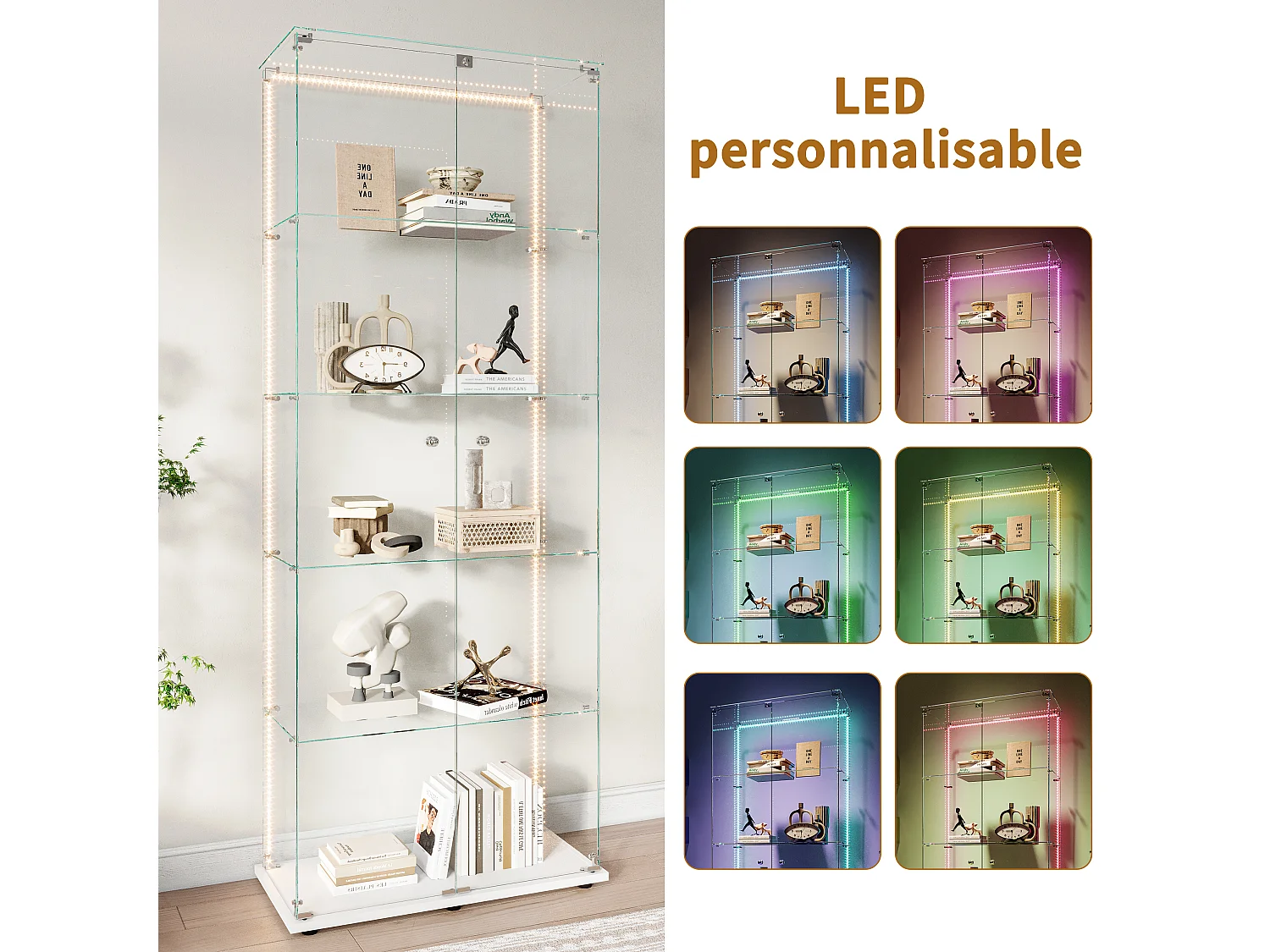 Vitrina de cristal de 5 estantes con iluminación LED personalizable – Base blanca