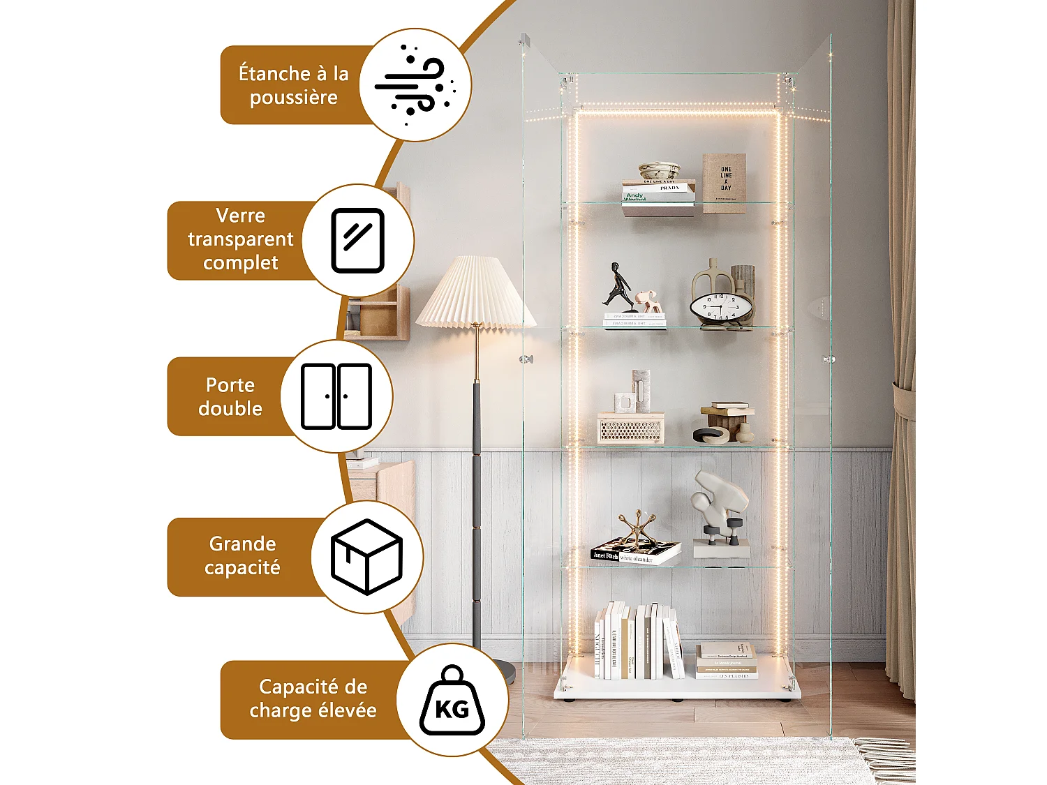 Vitrina de cristal de 5 estantes con iluminación LED personalizable – Base blanca