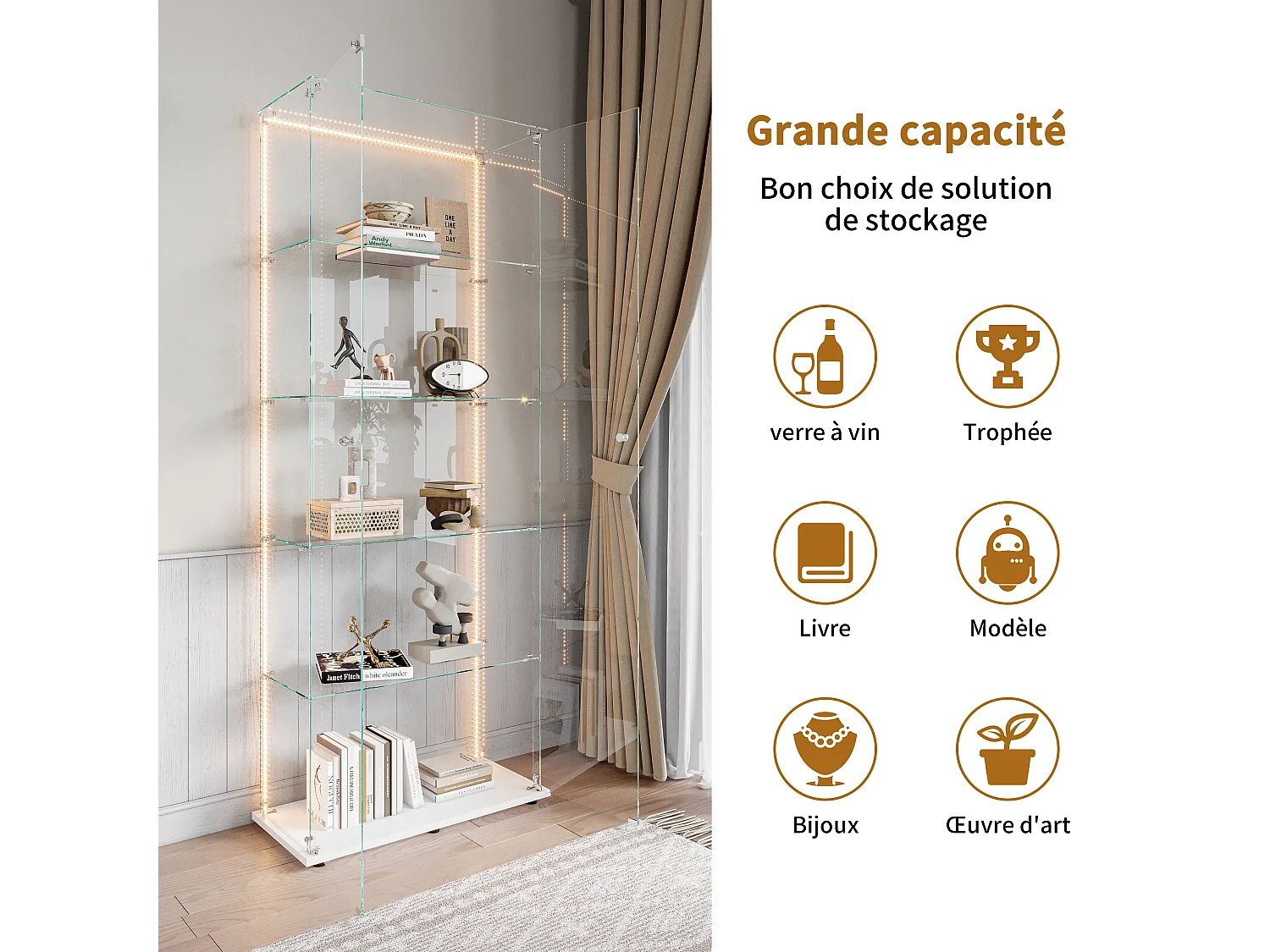 Vitrina de cristal de 5 estantes con iluminación LED personalizable – Base blanca