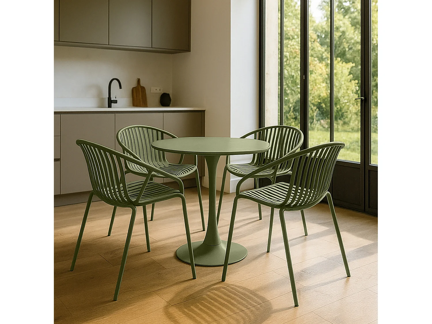 Now's Home - Table Et 4 Fauteuils De Table En Polypopylène Et Métal Vert Calypso