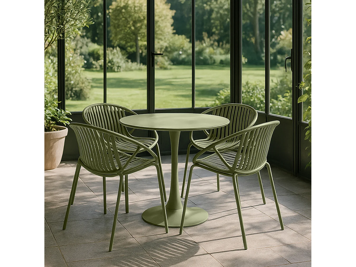 Now's Home - Table Et 4 Fauteuils De Table En Polypopylène Et Métal Vert Calypso