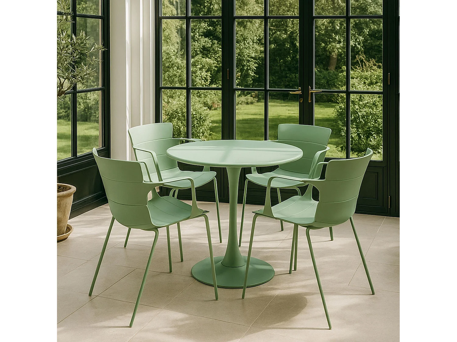 Now's Home - Table Et 4 Fauteuils De Table En Polypopylene Et Metal Vert Montauk