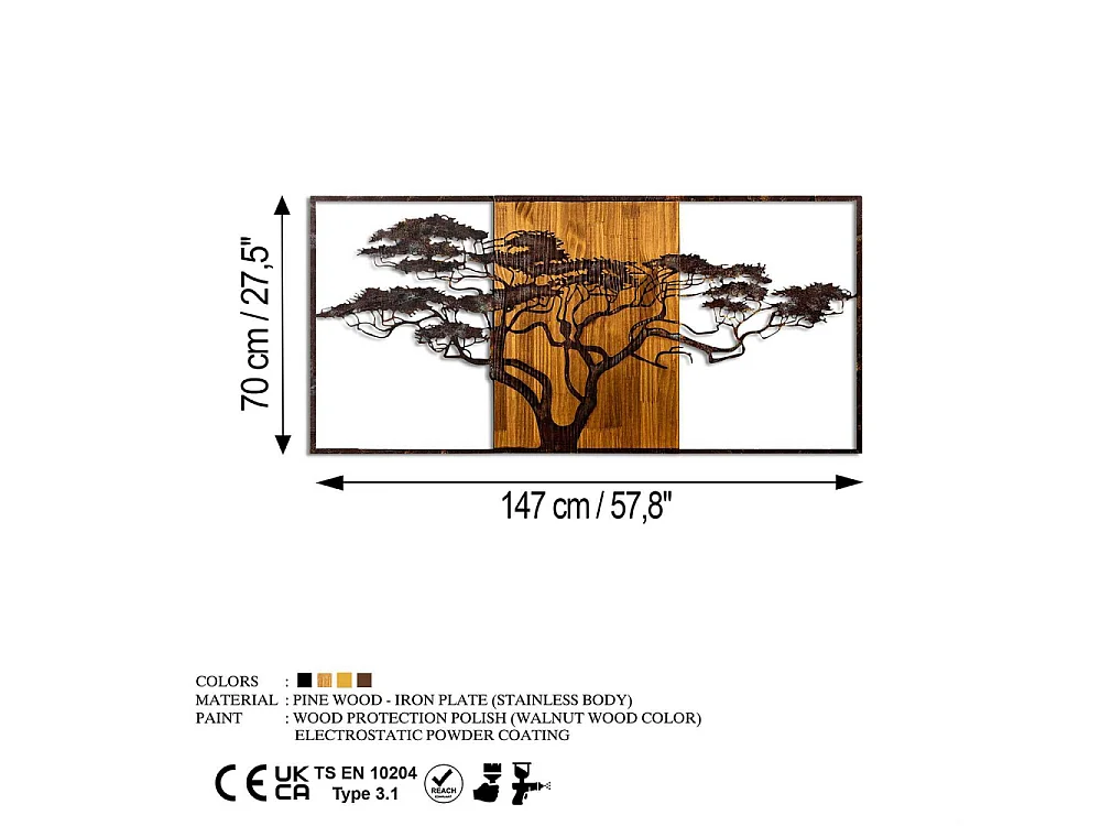 Décoration murale en métal et bois Arbre Acacia 147 x 70 cm