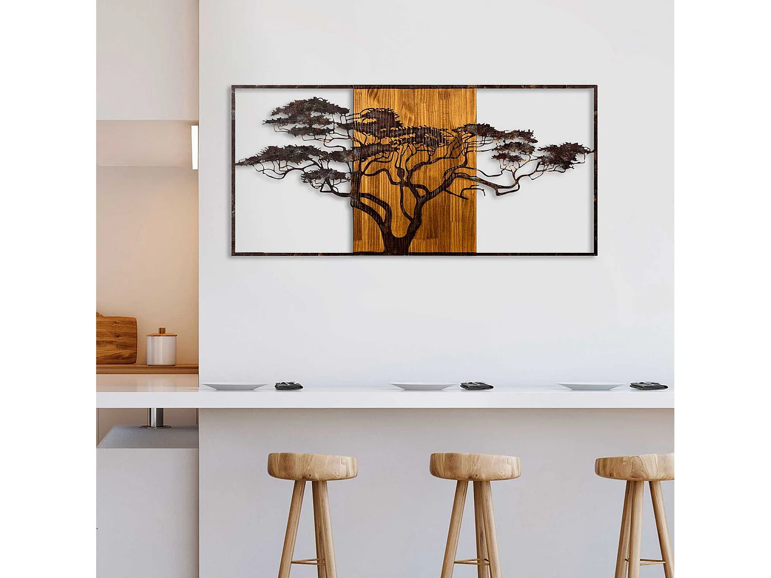 Décoration murale en métal et bois Arbre Acacia 147 x 70 cm