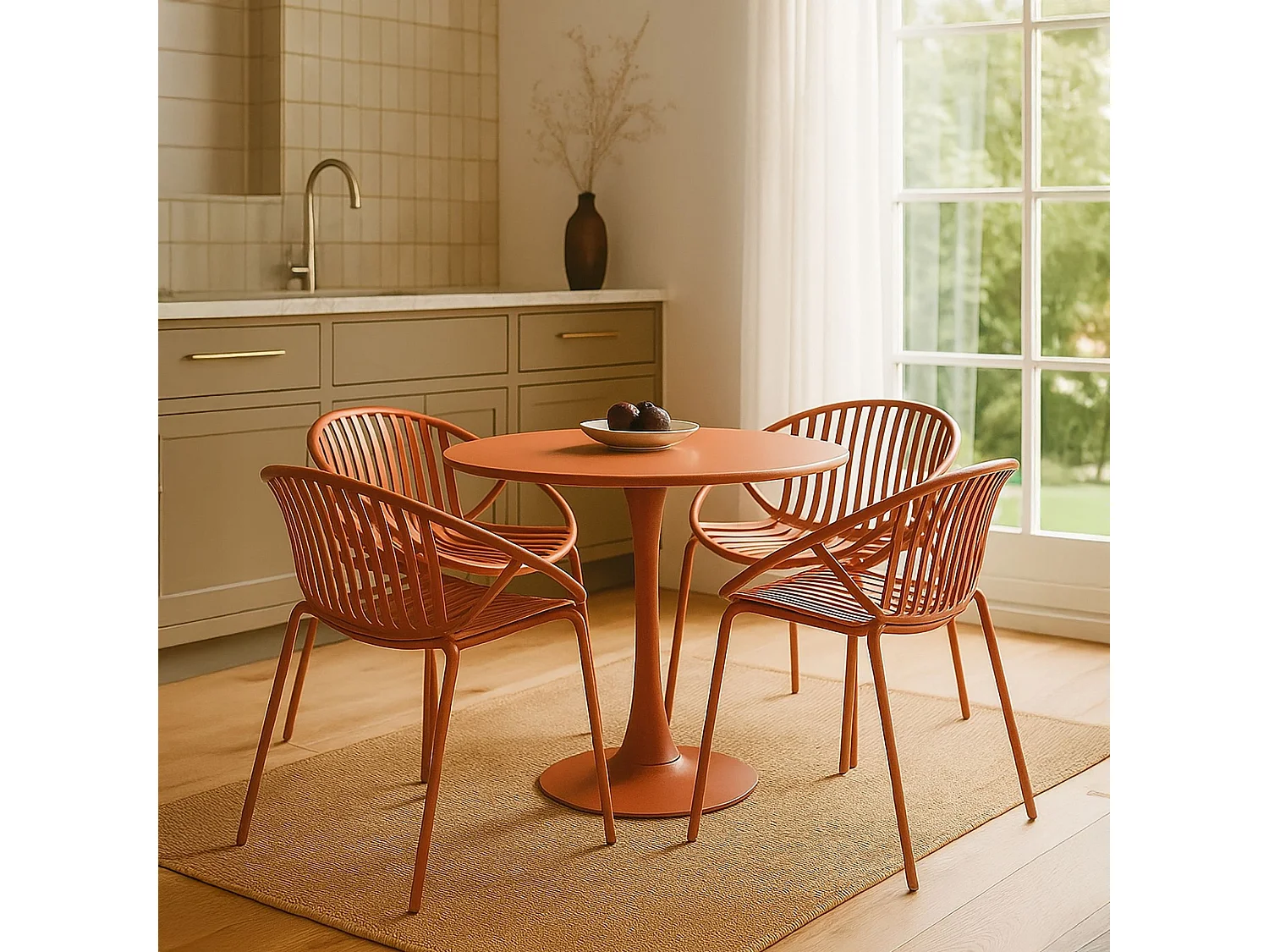 Now's Home - Table Et 4 Fauteuils De Table En Polypopylène Et Métal Brique Calypso