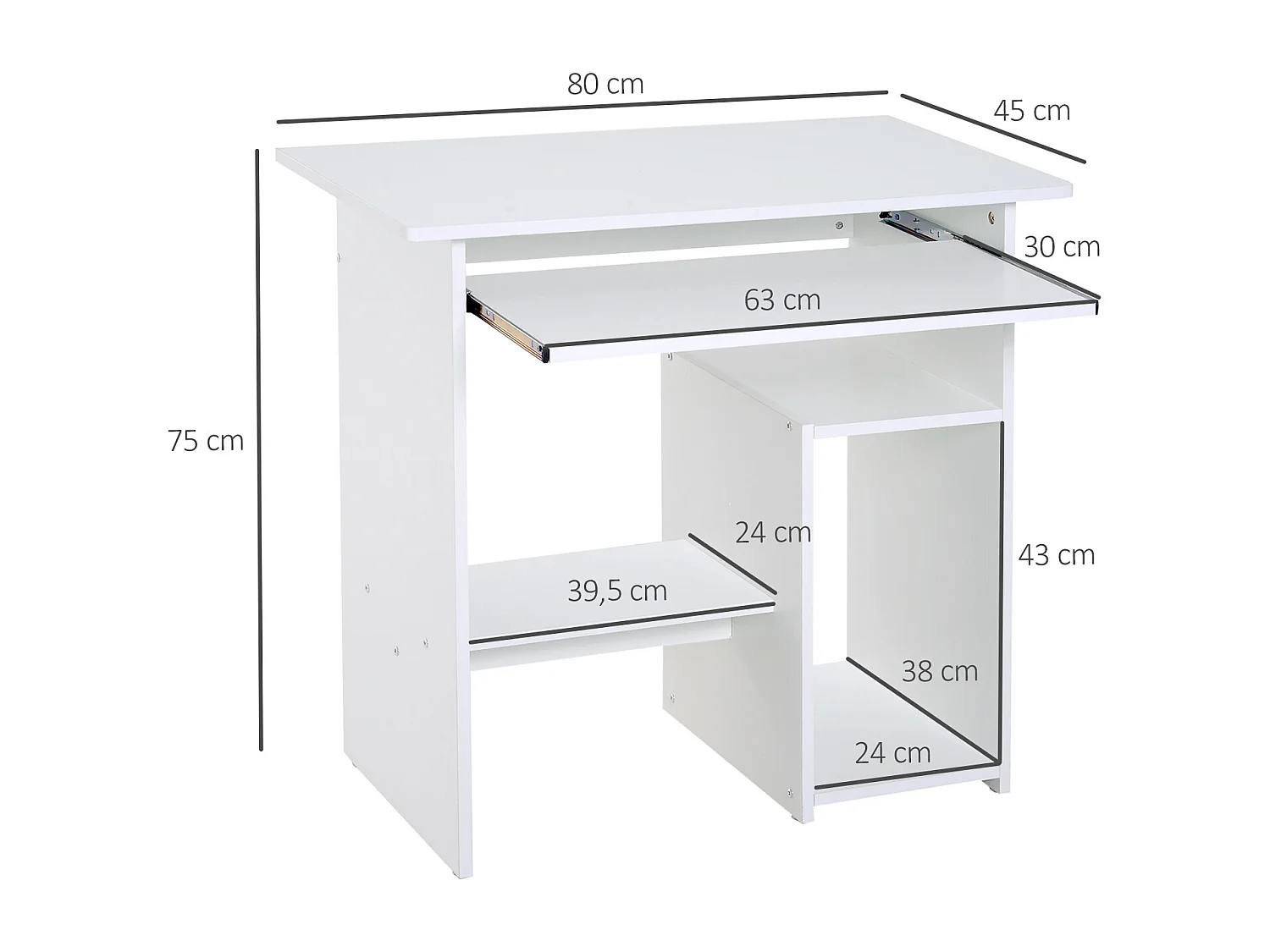 Bureau informatique compact 80 x 45 x 75 cm - espace unité centrale, étagère, tablette clavier - effet bois blanc