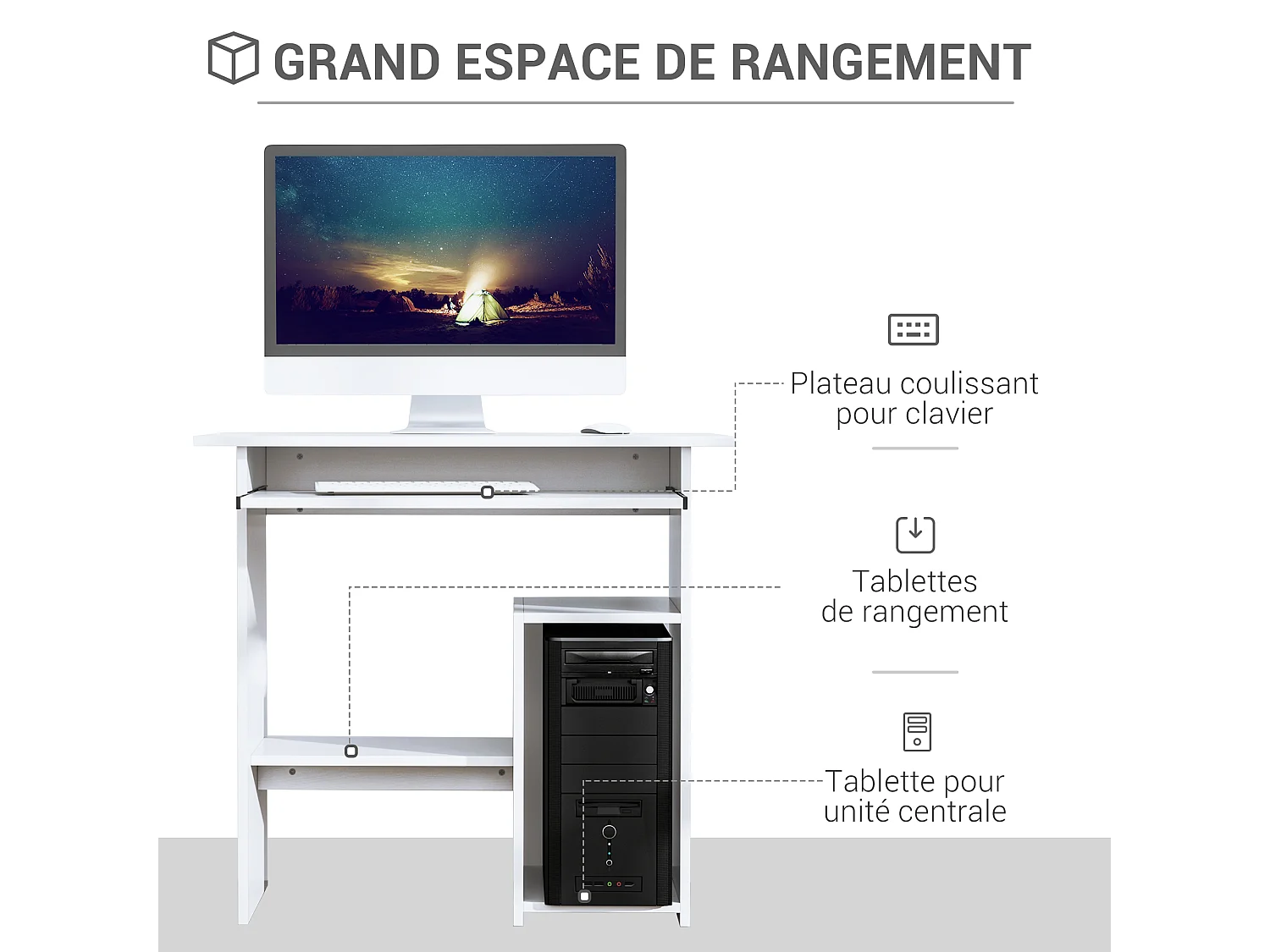 Bureau informatique compact 80 x 45 x 75 cm - espace unité centrale, étagère, tablette clavier - effet bois blanc