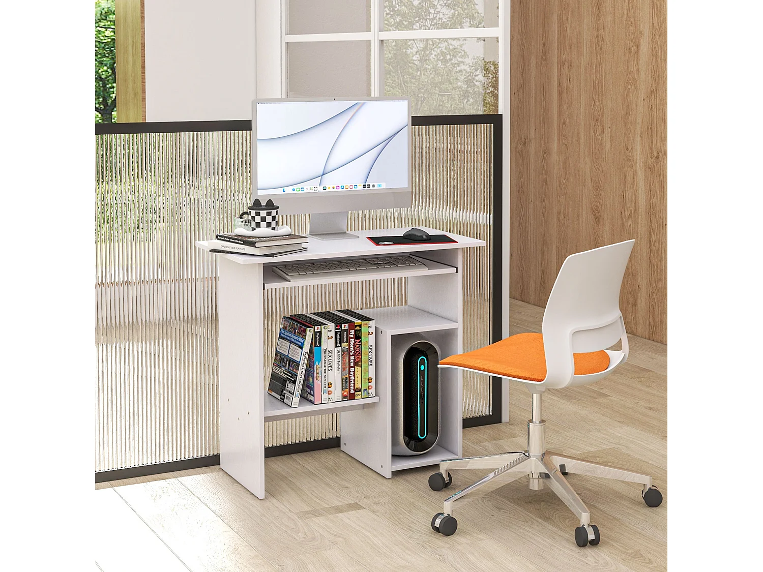 Bureau informatique compact 80 x 45 x 75 cm - espace unité centrale, étagère, tablette clavier - effet bois blanc