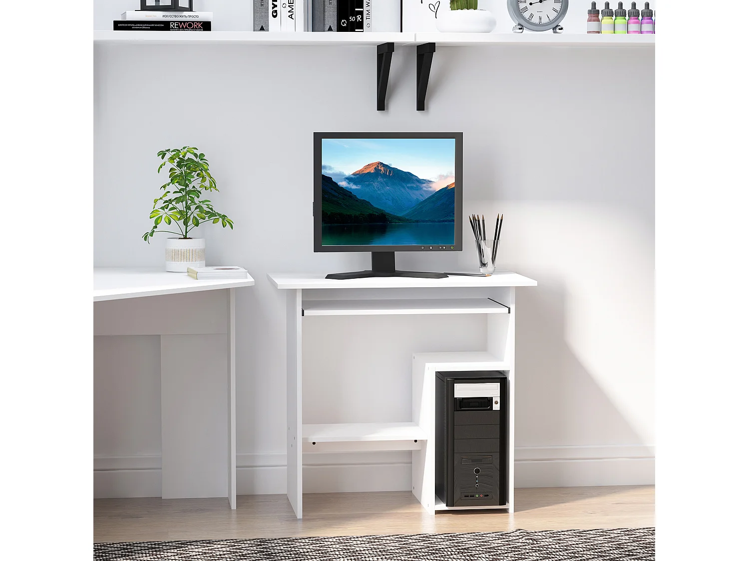 Bureau informatique compact 80 x 45 x 75 cm - espace unité centrale, étagère, tablette clavier - effet bois blanc