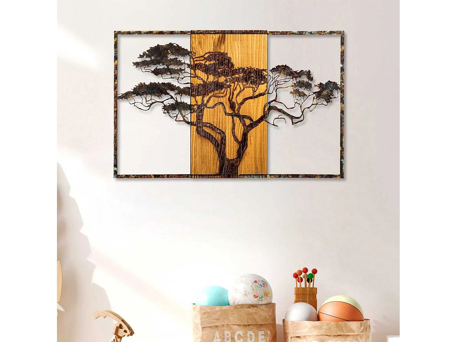 Décoration murale en métal et bois Arbre Acacia 53 x 38 cm