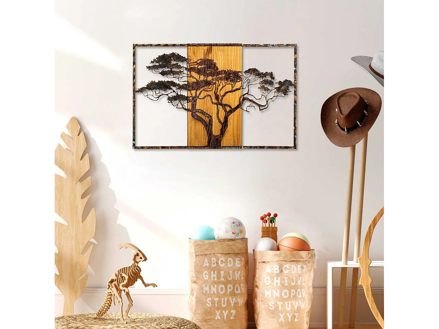 Décoration murale en métal et bois Arbre Acacia 53 x 38 cm