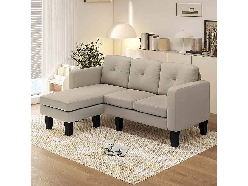 Canapé d'angle 3 places méridienne réversible garnissage mousse haute densité tissu aspect lin beige