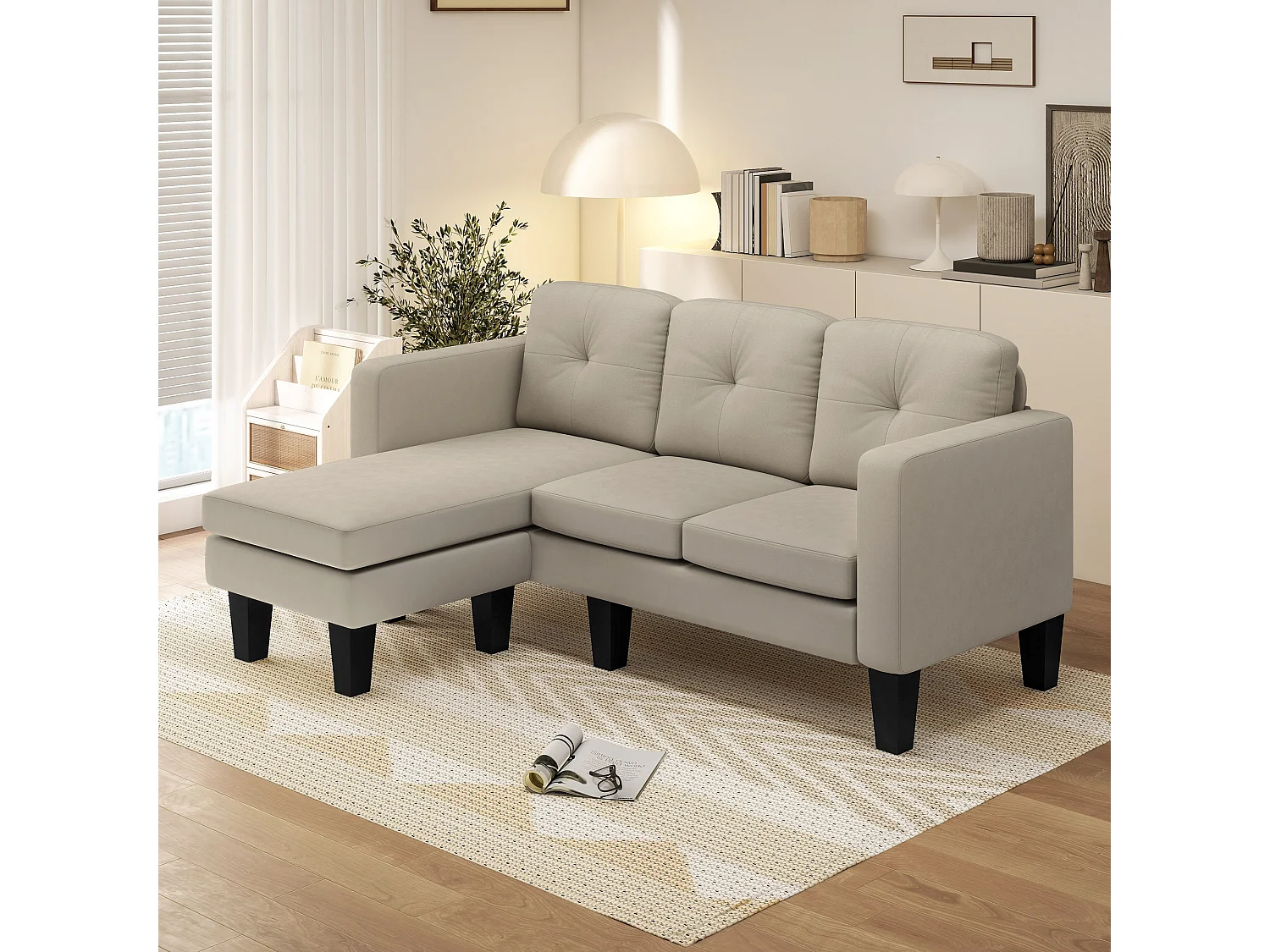 Canapé d'angle 3 places méridienne réversible garnissage mousse haute densité tissu aspect lin beige