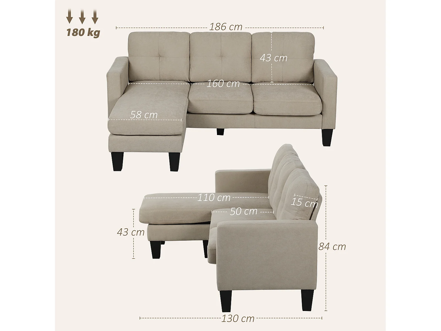 Canapé d'angle 3 places méridienne réversible garnissage mousse haute densité tissu aspect lin beige