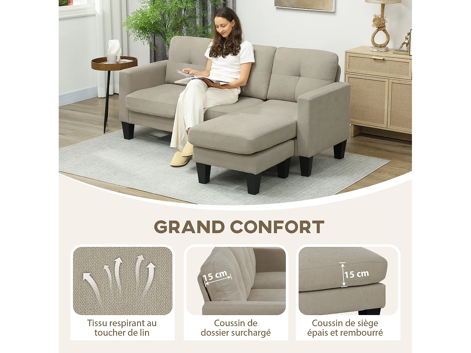 Canapé d'angle 3 places méridienne réversible garnissage mousse haute densité tissu aspect lin beige