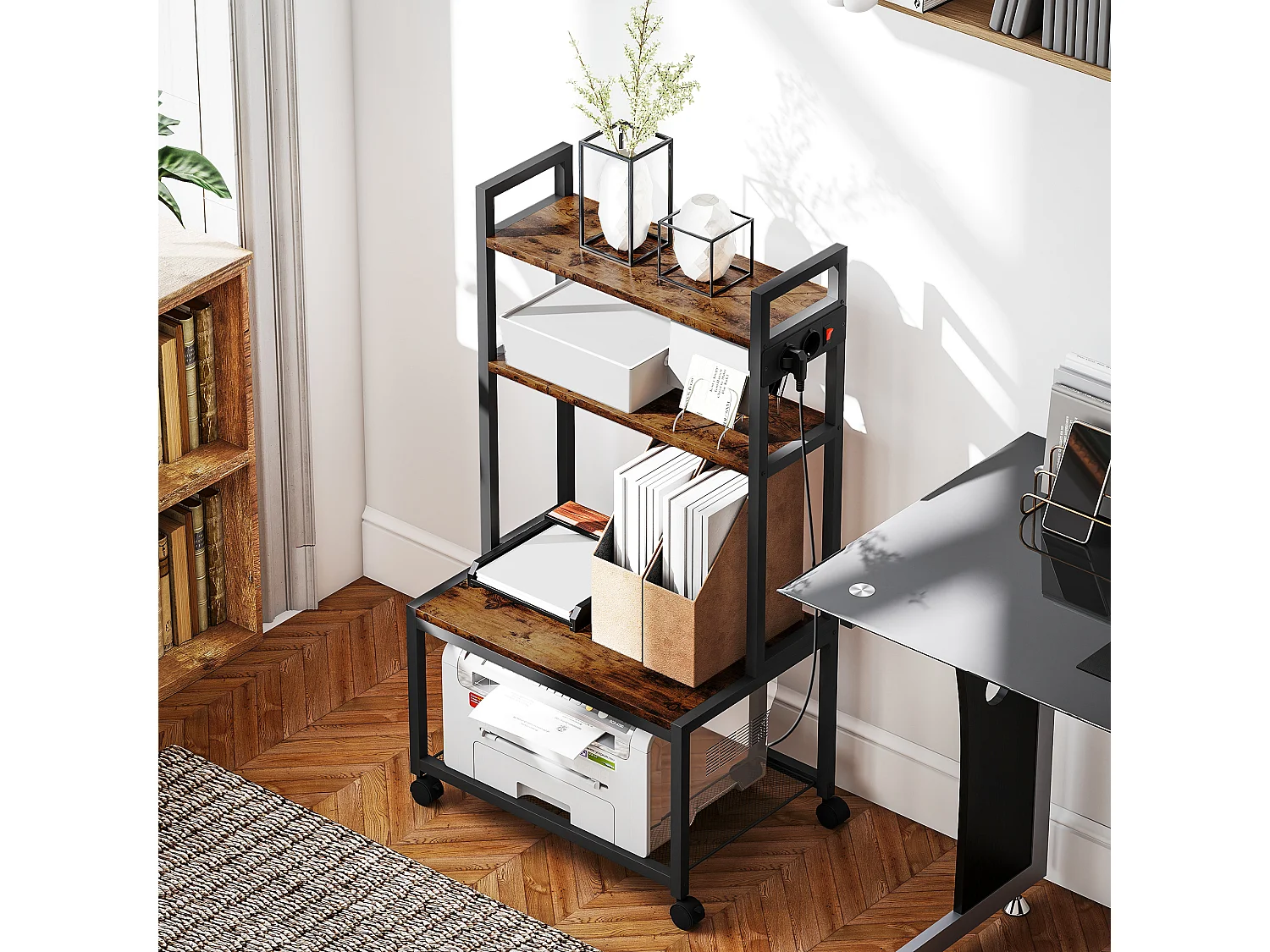 Support d'imprimante meuble photocopieur 2 prises secteur intégrées roulettes 4 étagères