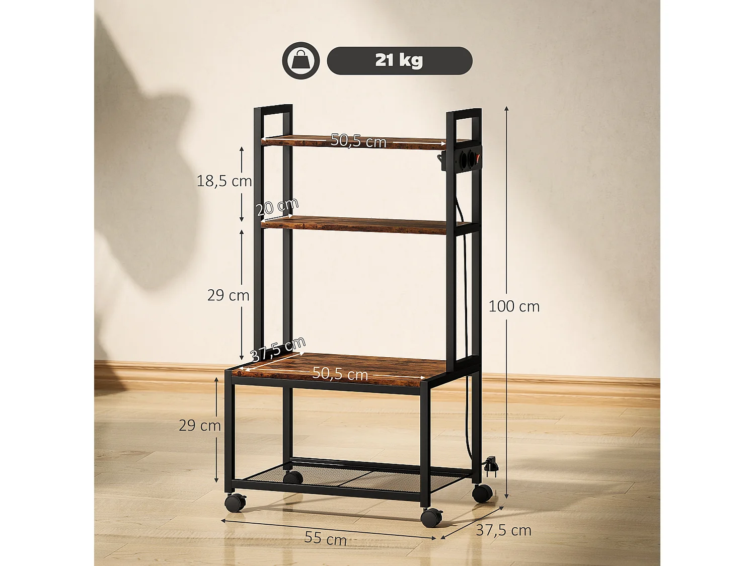 Support d'imprimante meuble photocopieur 2 prises secteur intégrées roulettes 4 étagères