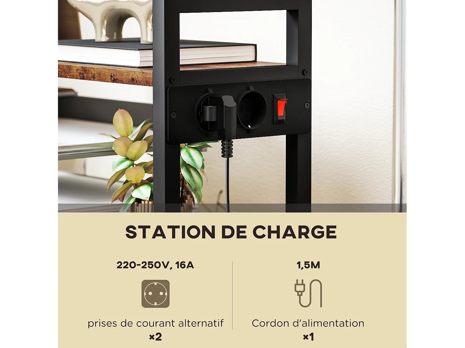 Support d'imprimante meuble photocopieur 2 prises secteur intégrées roulettes 4 étagères