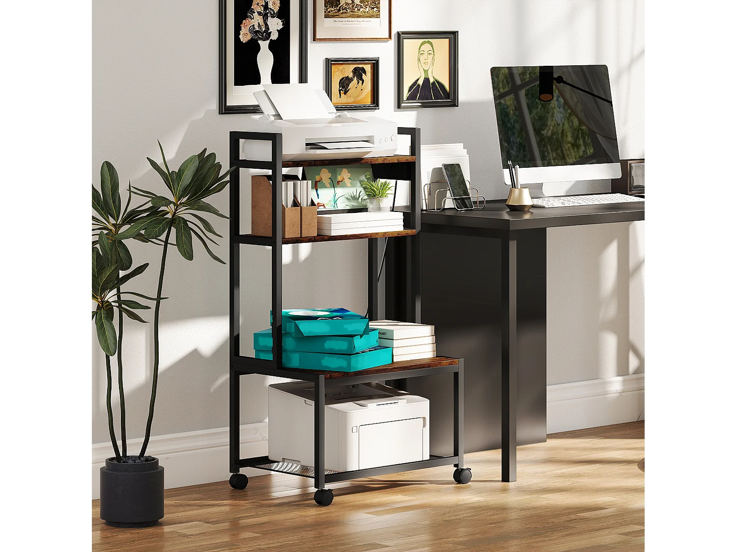 Support d'imprimante meuble photocopieur 2 prises secteur intégrées roulettes 4 étagères