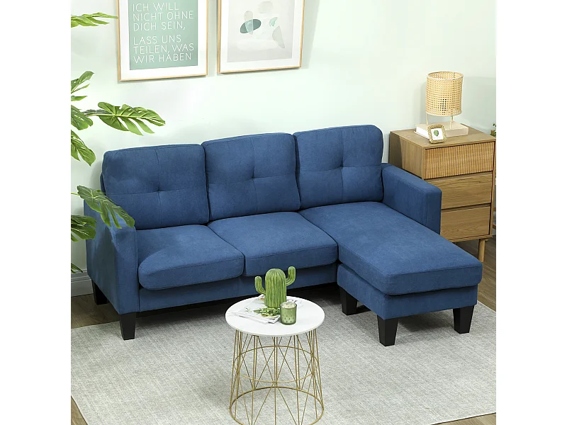 Canapé d'angle 3 places méridienne réversible garnissage mousse haute densité tissu aspect lin bleu