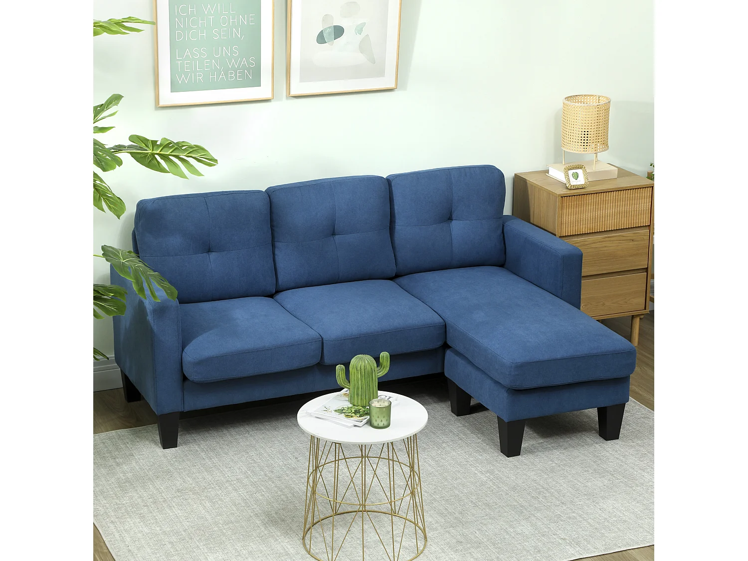 Canapé d'angle 3 places méridienne réversible garnissage mousse haute densité tissu aspect lin bleu