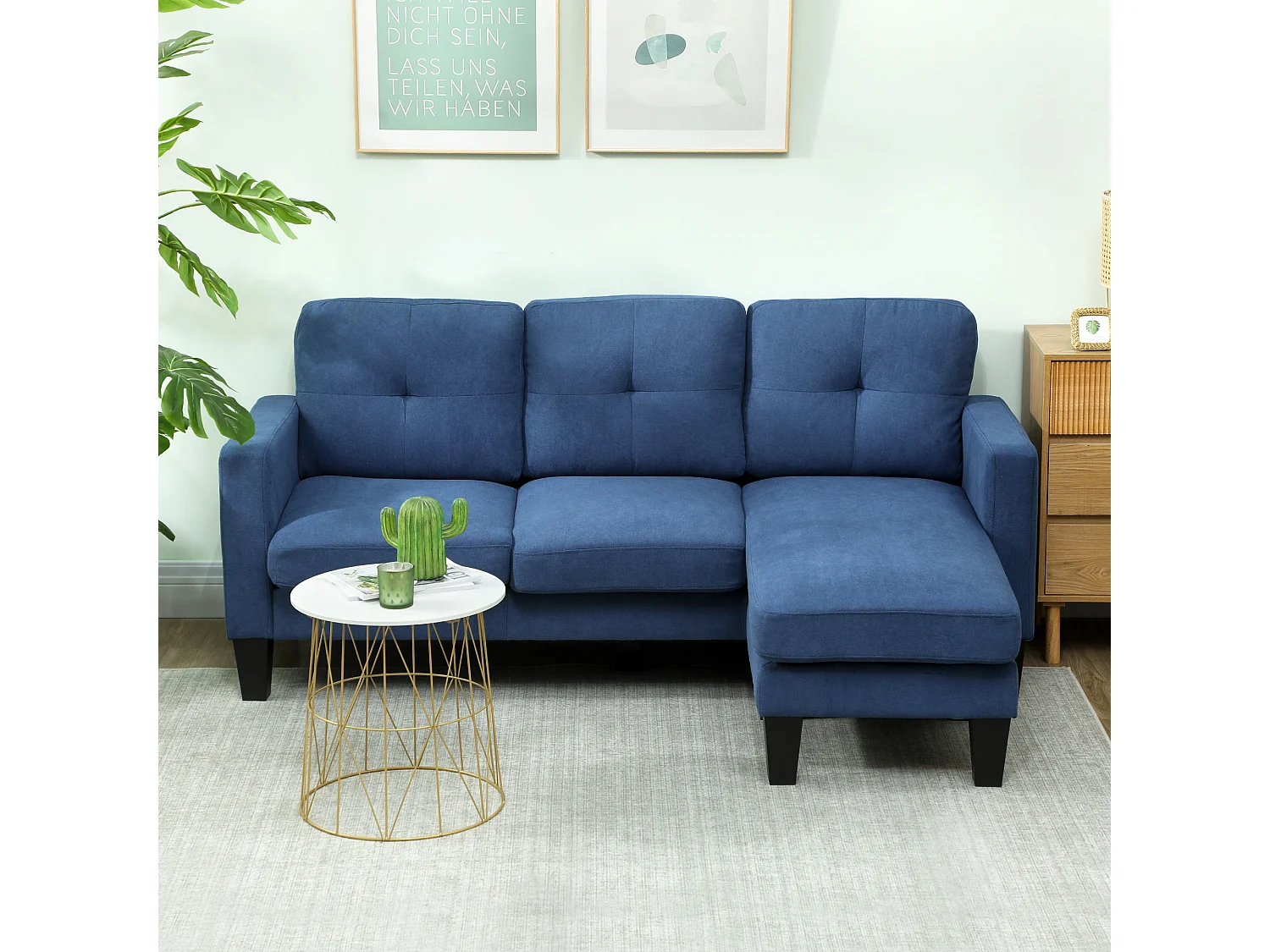 Canapé d'angle 3 places méridienne réversible garnissage mousse haute densité tissu aspect lin bleu