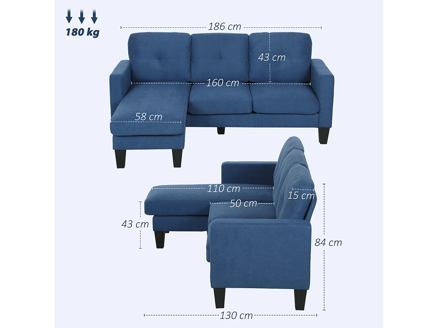 Canapé d'angle 3 places méridienne réversible garnissage mousse haute densité tissu aspect lin bleu