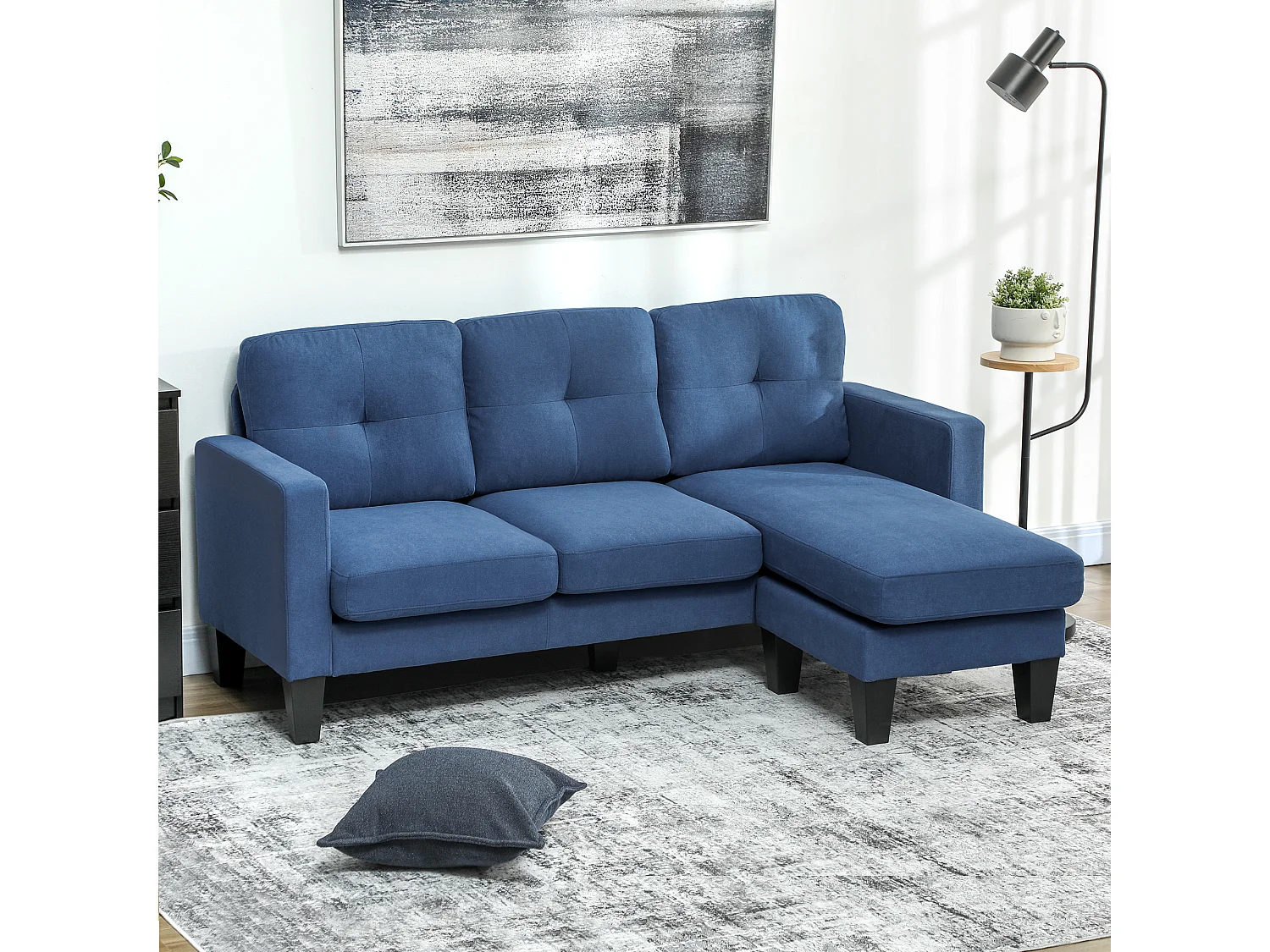 Canapé d'angle 3 places méridienne réversible garnissage mousse haute densité tissu aspect lin bleu