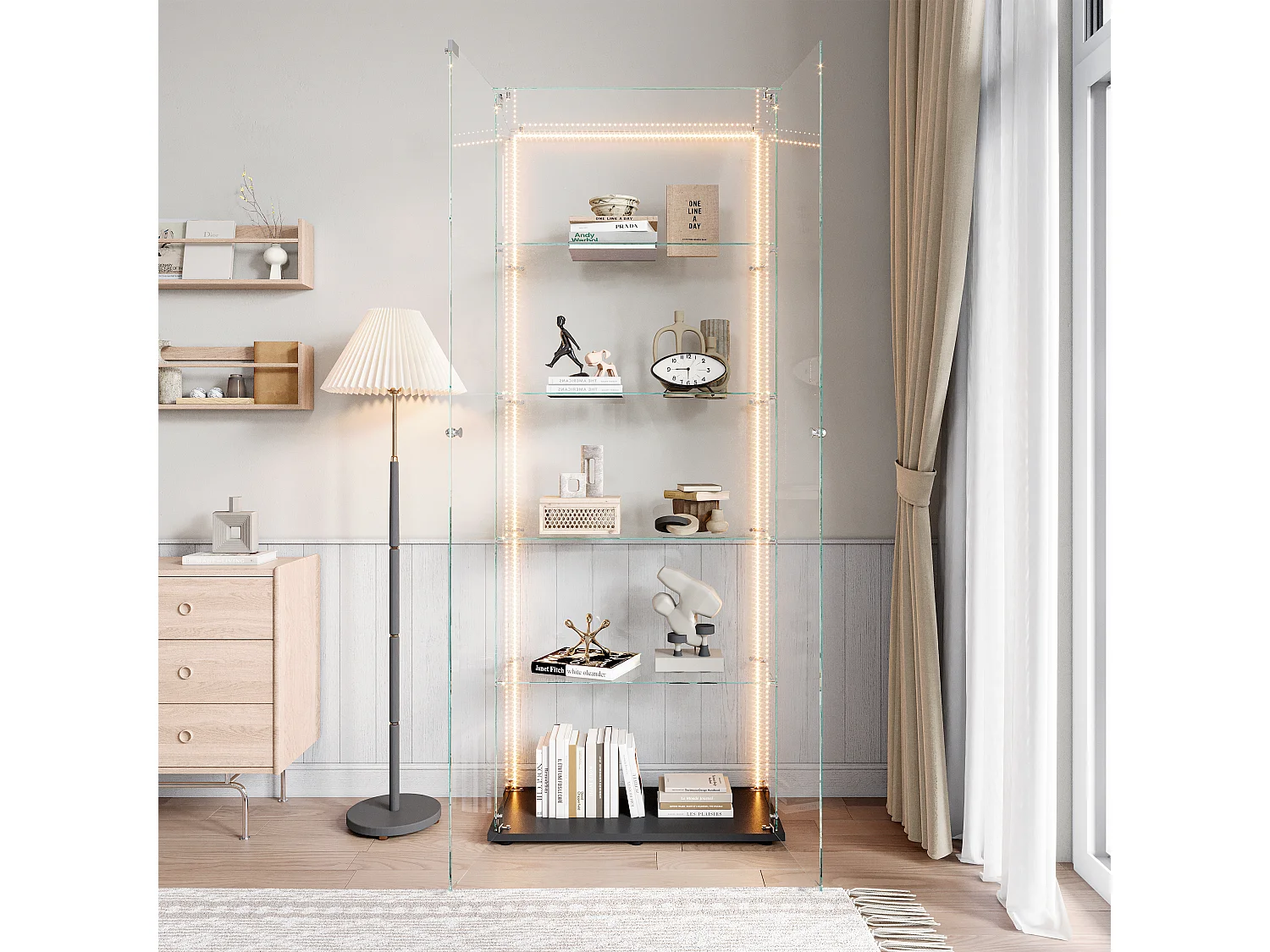 5-stöckige Glasvitrine mit individuell anpassbarer LED-Beleuchtung – Schwarzer Sockel