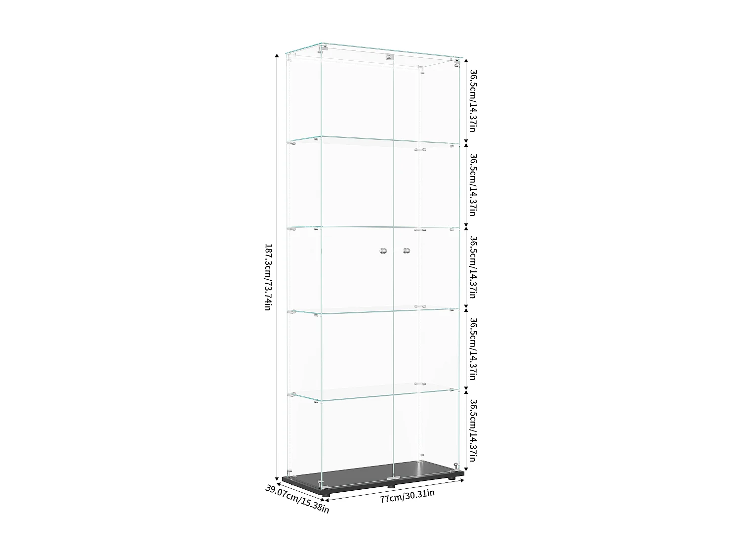 5-stöckige Glasvitrine mit individuell anpassbarer LED-Beleuchtung – Schwarzer Sockel