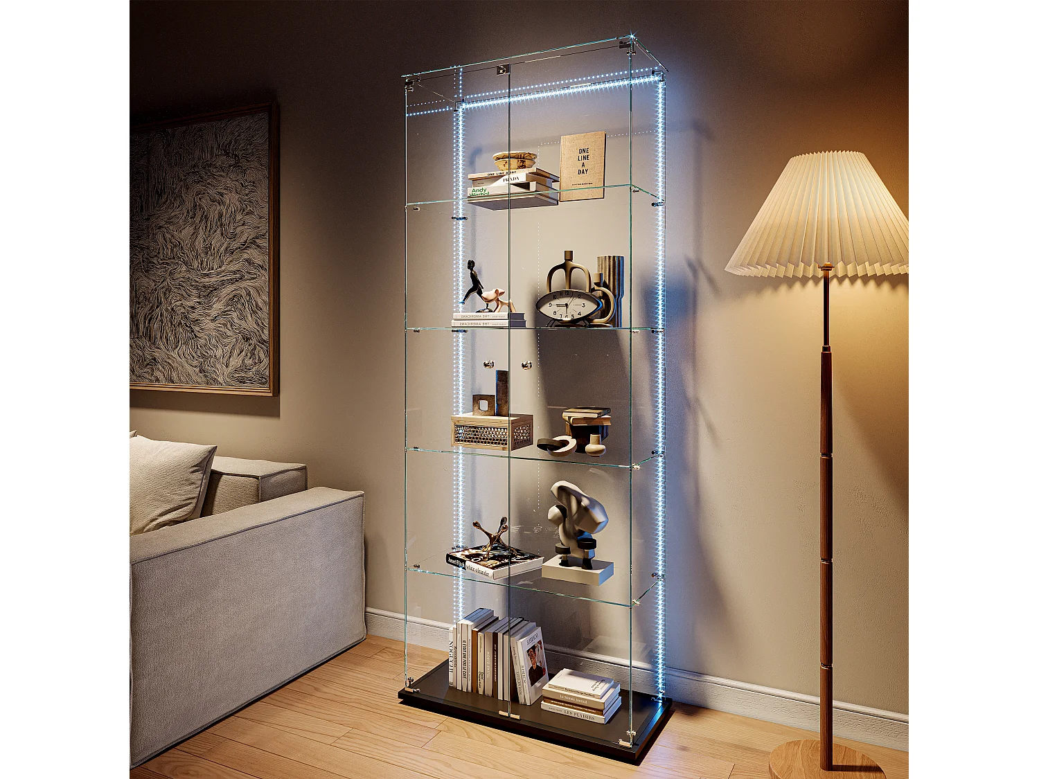 5-stöckige Glasvitrine mit individuell anpassbarer LED-Beleuchtung – Schwarzer Sockel