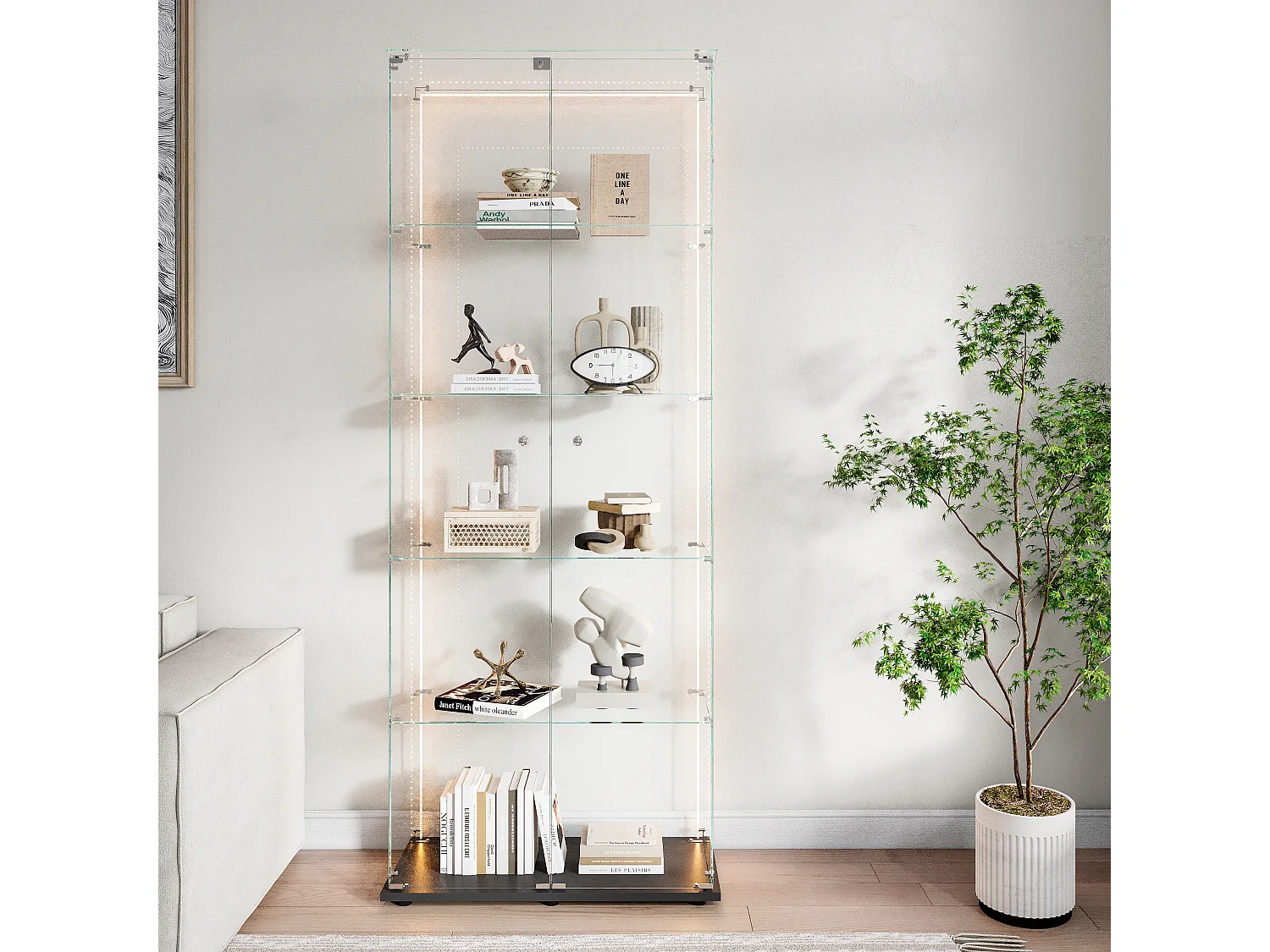 5-stöckige Glasvitrine mit individuell anpassbarer LED-Beleuchtung – Schwarzer Sockel