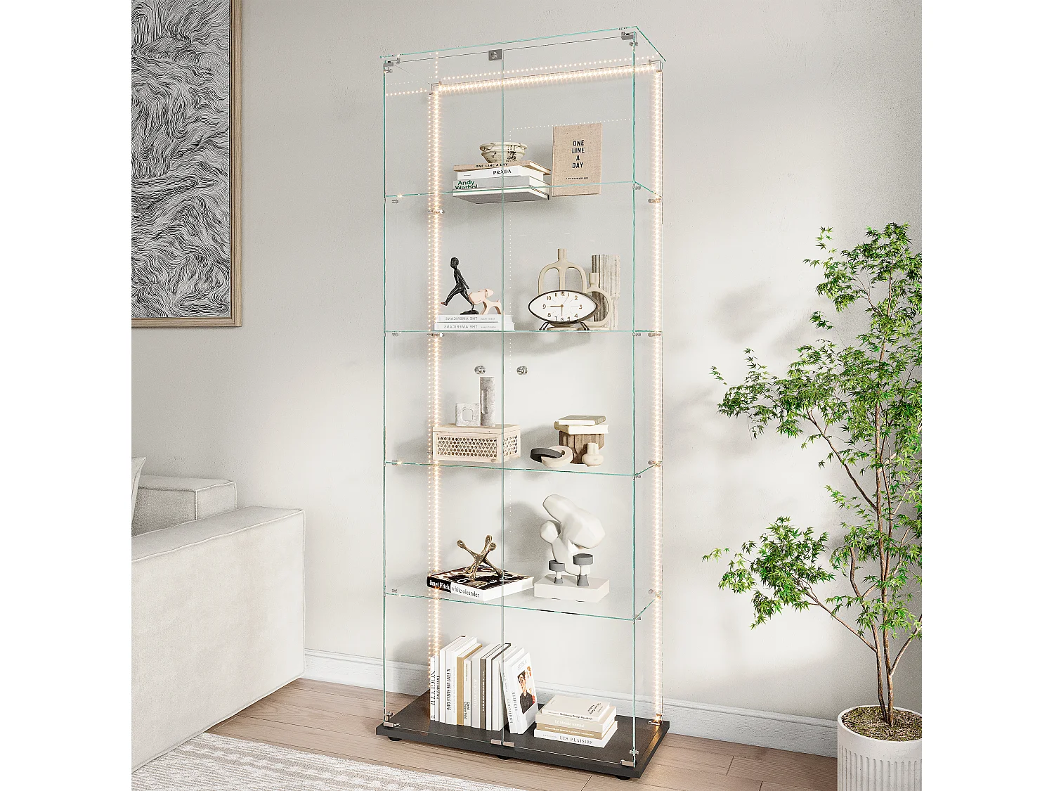 5-stöckige Glasvitrine mit individuell anpassbarer LED-Beleuchtung – Schwarzer Sockel