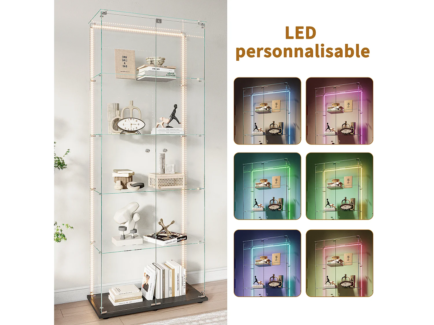 5-stöckige Glasvitrine mit individuell anpassbarer LED-Beleuchtung – Schwarzer Sockel