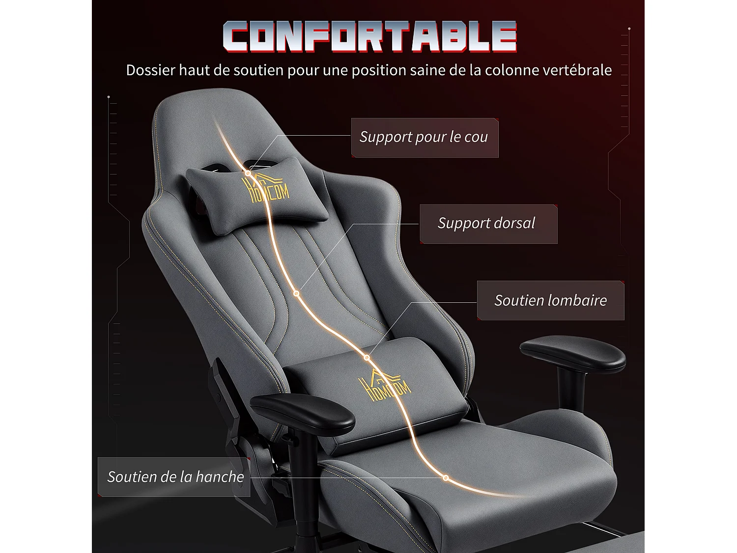 Chaise de bureau gaming ergonomique - chaise gaming réglable inclinable - fauteuil gamer avec coussins - tissu suédine gris