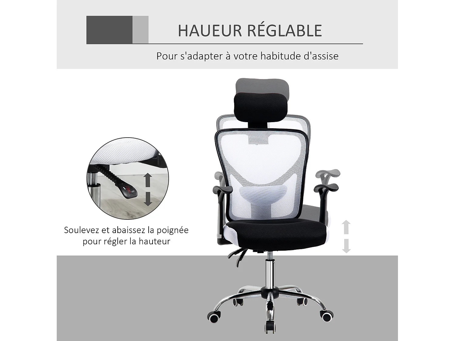 Vinsetto Chaise de bureau manager grand confort réglable dossier inclinable piètement chromé tissu maille polyester blanc noir