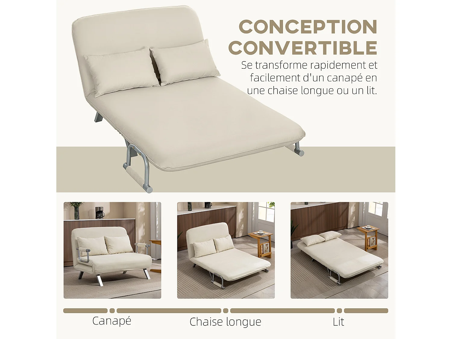 Canapé-lit canapé convertible 2 places déhoussable grand confort 2 coussins fournis pieds accoudoirs métal suède beige