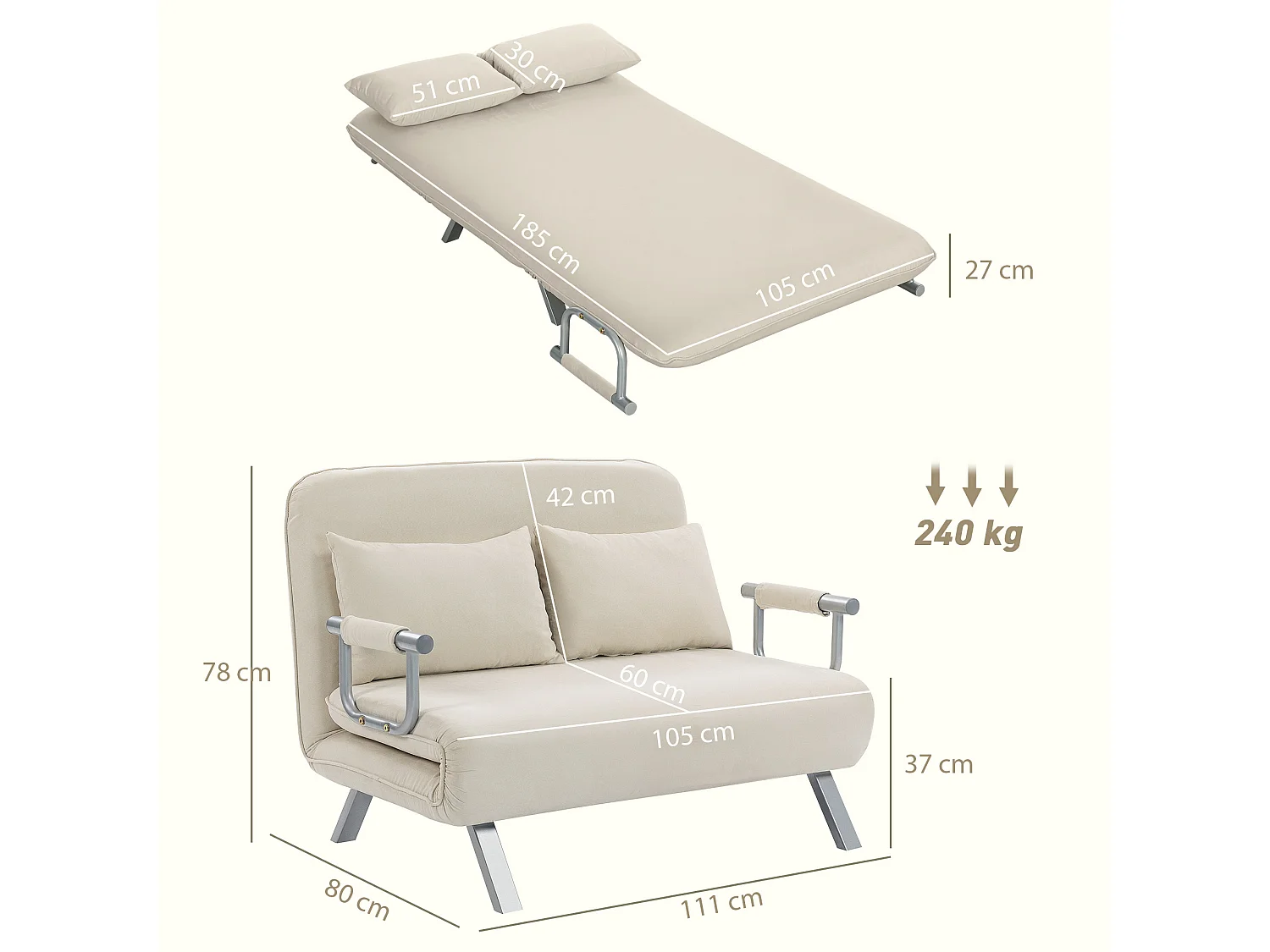 Canapé-lit canapé convertible 2 places déhoussable grand confort 2 coussins fournis pieds accoudoirs métal suède beige