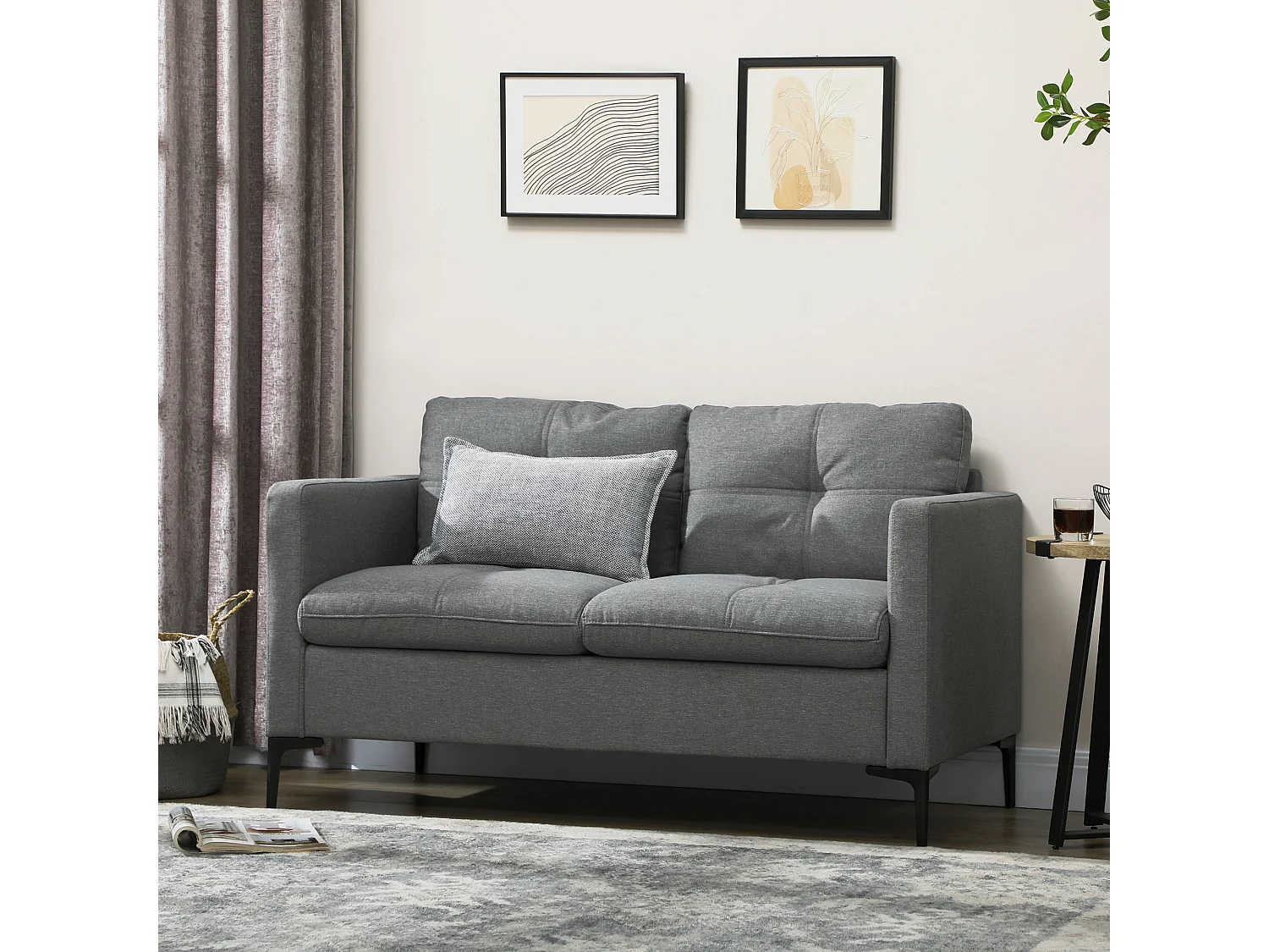 Canapé 2 places design contemporain - surpiqûres effet capitonné - piètement acier noir tissu gris