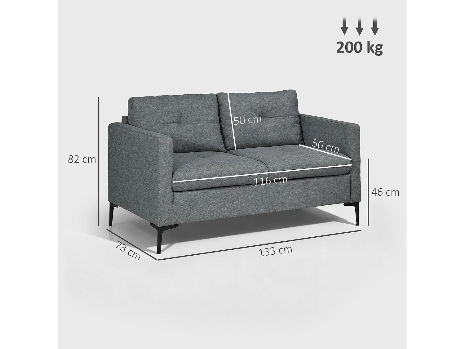 Canapé 2 places design contemporain - surpiqûres effet capitonné - piètement acier noir tissu gris