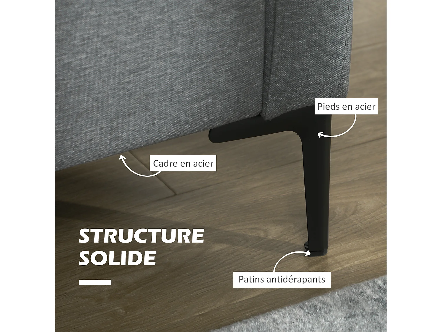 Canapé 2 places design contemporain - surpiqûres effet capitonné - piètement acier noir tissu gris