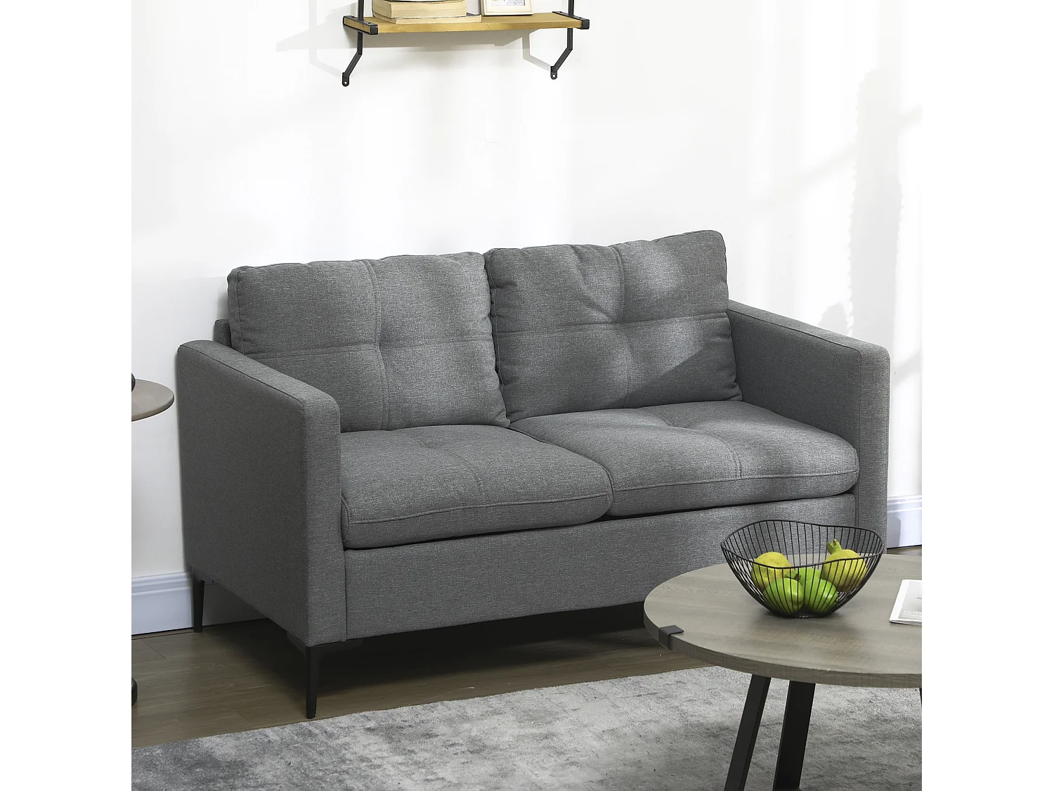 Canapé 2 places design contemporain - surpiqûres effet capitonné - piètement acier noir tissu gris