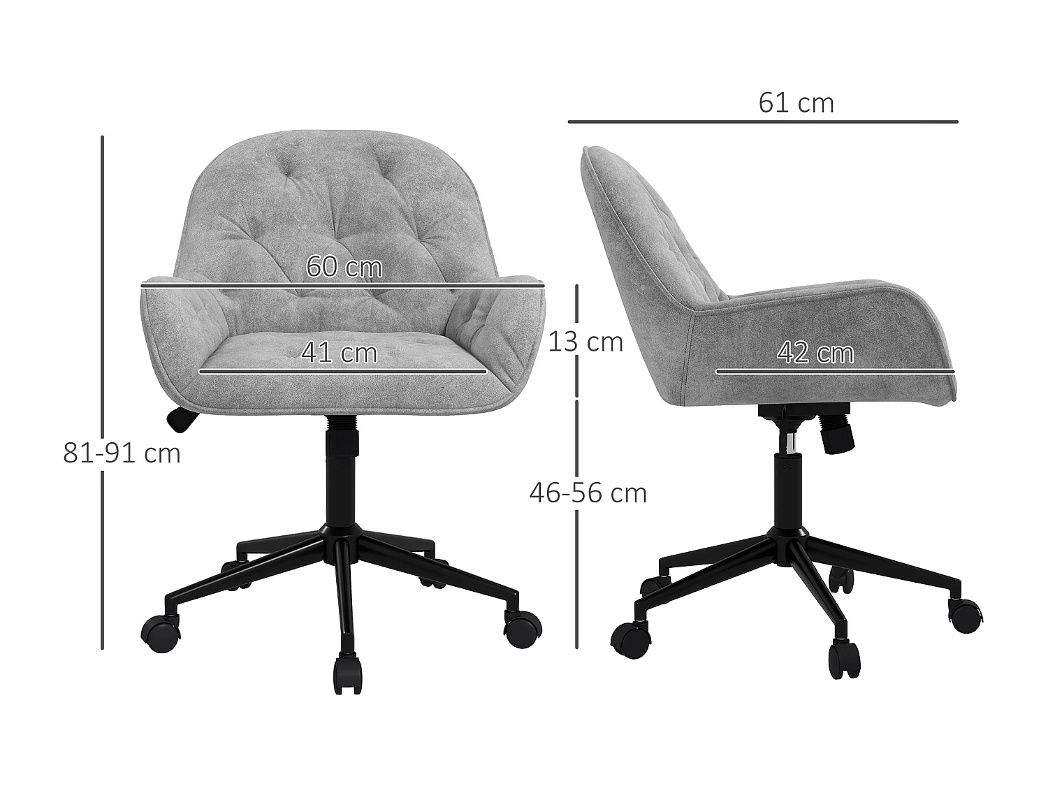 Chaise de bureau velours design Chesterfield effet capitonné piètement métal noir gris