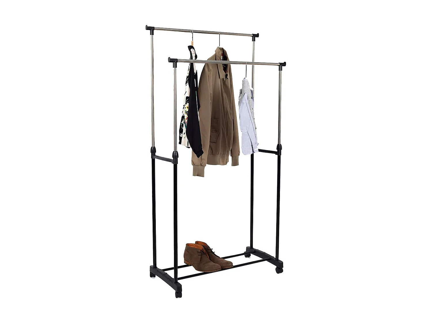 Portant Double sur Roulettes Hauteur Réglable Noir et Chrome - NEHO